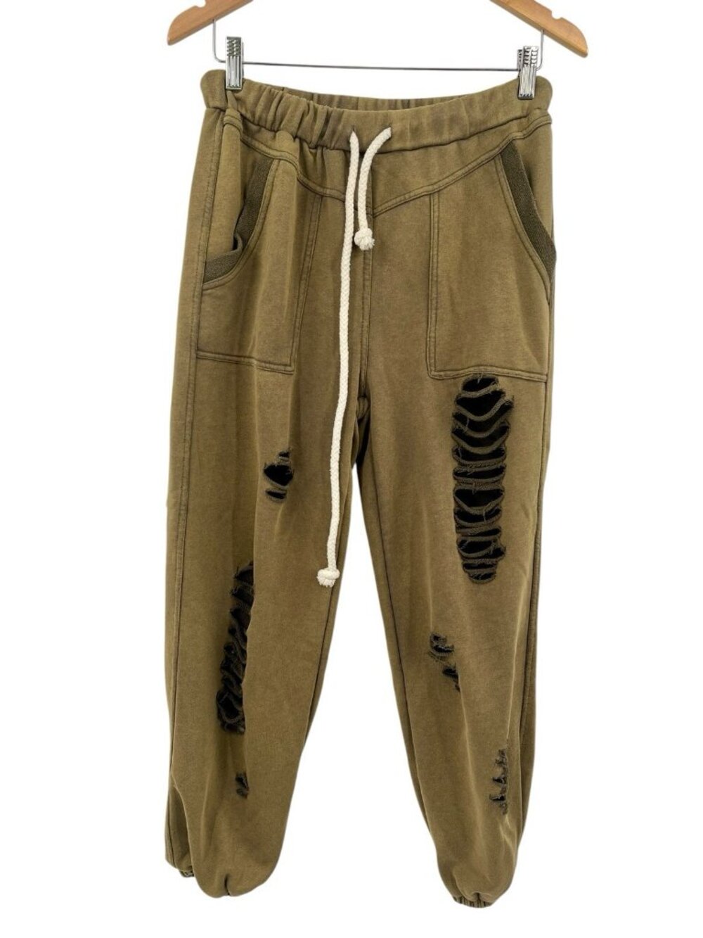 POL Women's Olive Green Distressed Drawstring Waist Sweat Pants Medium